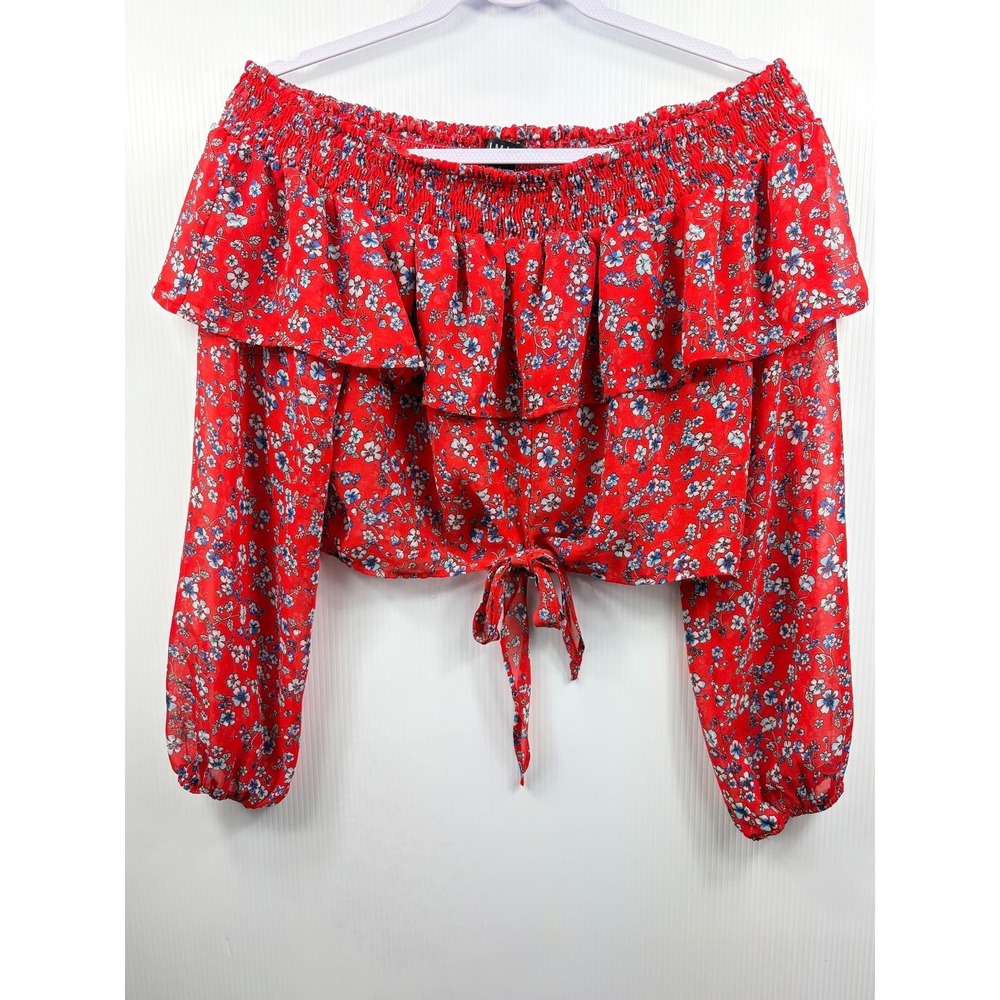 Timing Floral Off Shoulder Crop Top Red Smocked Flounce Tie Boho Cottage - Picture 7 of 7